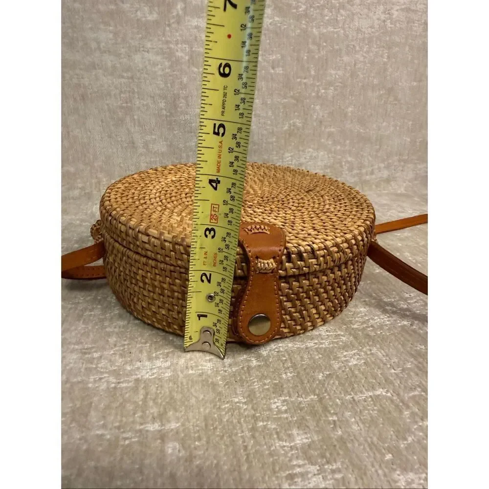 Women's Handwoven Floral Lined Round Rattan Purse Crossbody Bag Tan One Size